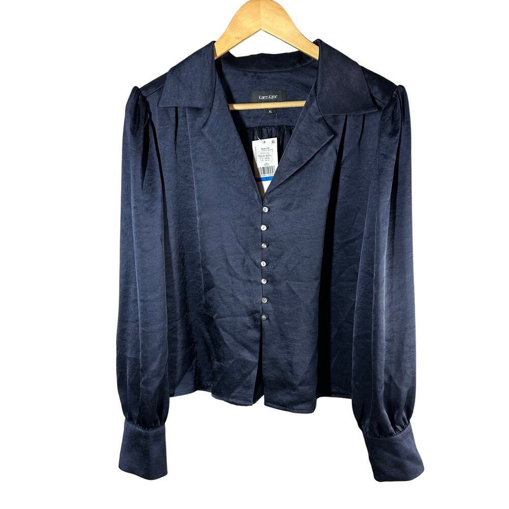 Karen Kane Shirred Blouse Navy Solid Collared Long Sleeve Button Front XL